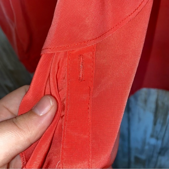 Lane Bryant Peachy Pink Tie Waist Ruffle Hidden Button Down Silky Blouse - Picture 4 of 8